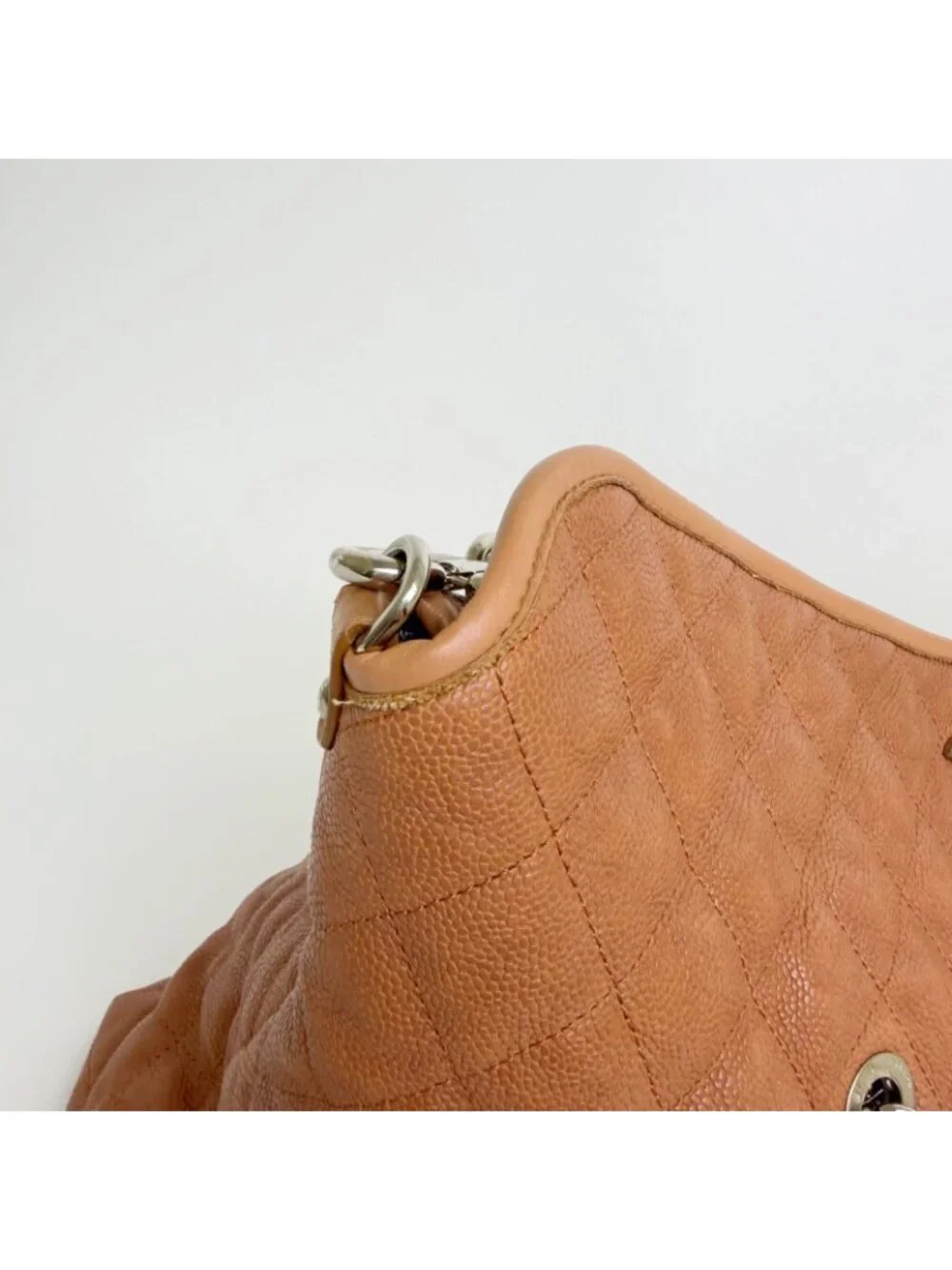 Chanel CC Logo Quilted 2-Way Chain Shoulder Bag Caviar Leather Camel Brown Seal